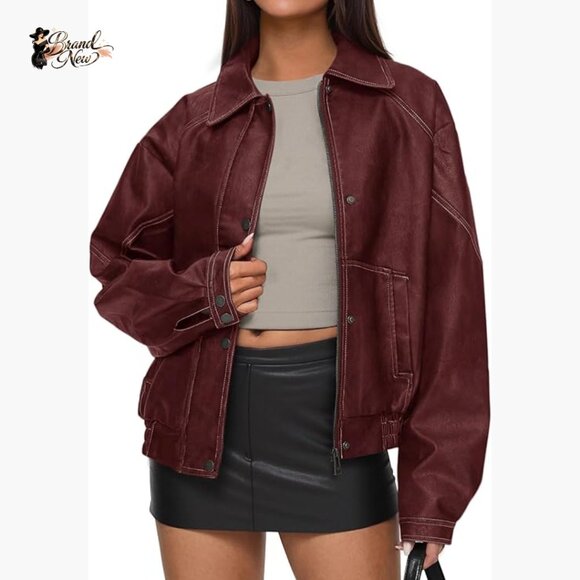 Faux Leather Jacket Women Bomber Motorcycle Zip Up Oversized